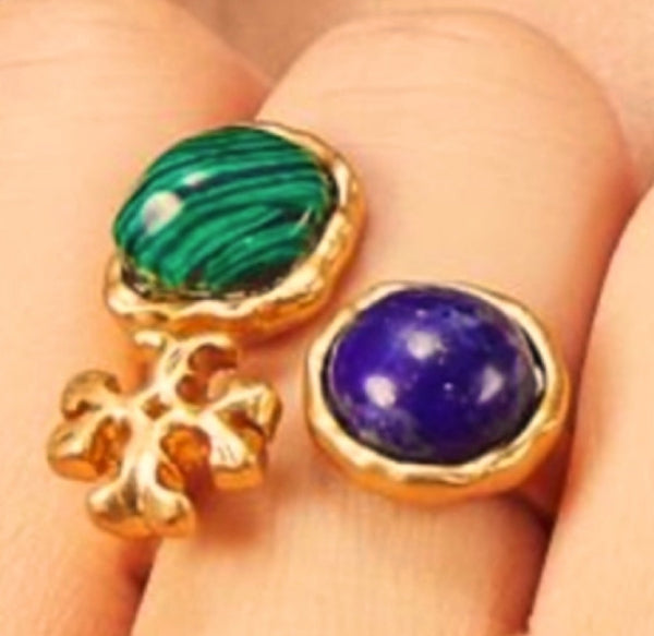 Tory Burch Roxanne Semiprecious Malachite Lapis Blue Green Statement Ring Size 7 Adjustable