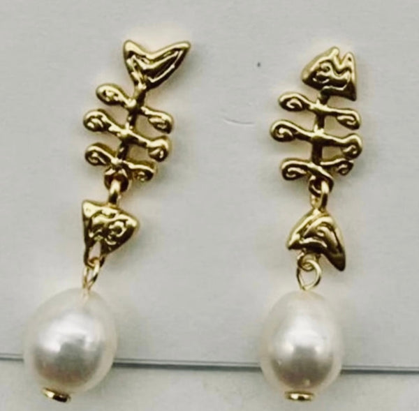 Tory Burch Golden Fish Bone with Mermaid Tails & Freshwater Pearl Earrings