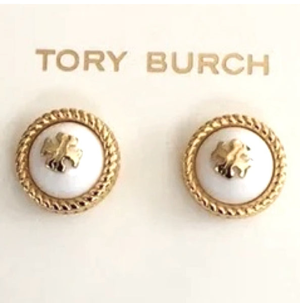 Tory Burch White Glass Cabochon Rope Gold Stud Earrings