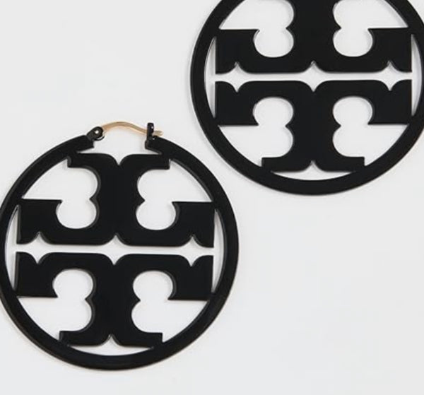 Tory Burch Miller Logo Hoop Earrings Painted Black and French Cream