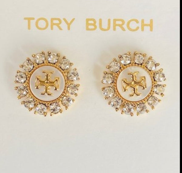 Tory Burch Kira Mother Of Pearl Gold Tone And Sparkling Crystals Logo Stud Earrings