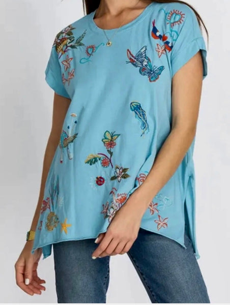 Johnny Was Zoe Embroidered Draped T-Shirt Small