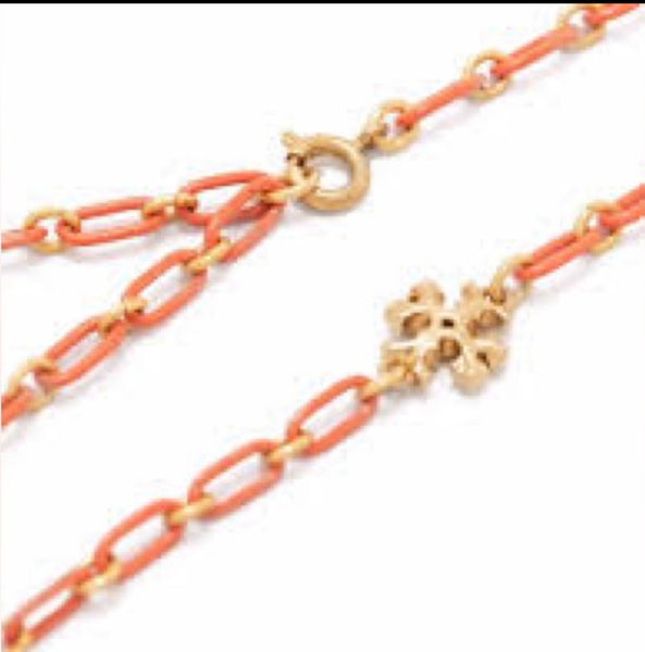 Tory Burch Roxanne 18K-Gold-Plated & Coral Acrylic Logo Chain Necklace