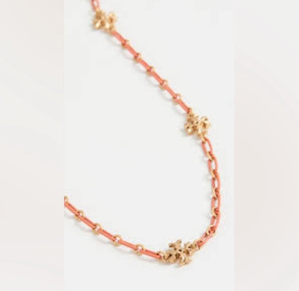 Tory Burch Roxanne 18K-Gold-Plated & Coral Acrylic Logo Chain Necklace