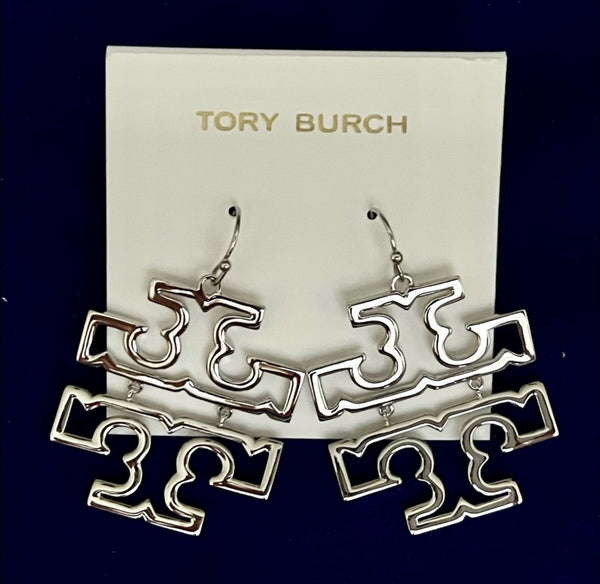 Tory Burch Britten Silver Drop Earrings Rhodium Plated Shiny Finish