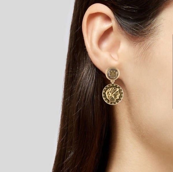 Tory Burch Gold Logo Coin Drop Medallion Earrings