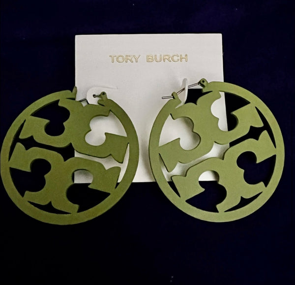 Tory Burch Miller Green Painted Hoop Earrings