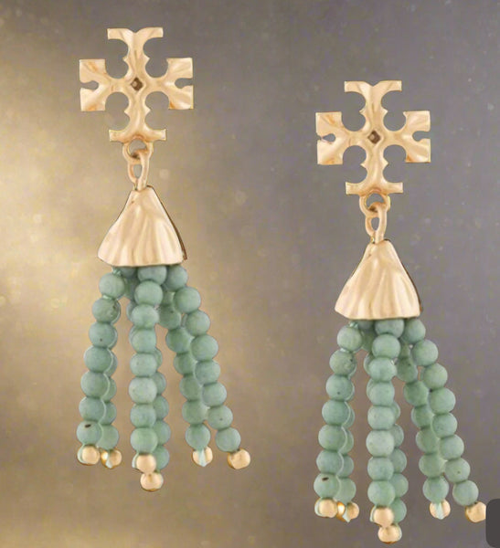 Tory Burch Roxanne Small Gold And Green Tassels Drop Earrings