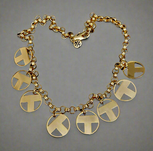 Tory Burch T Round Shiny Gold Charms Logo Necklace