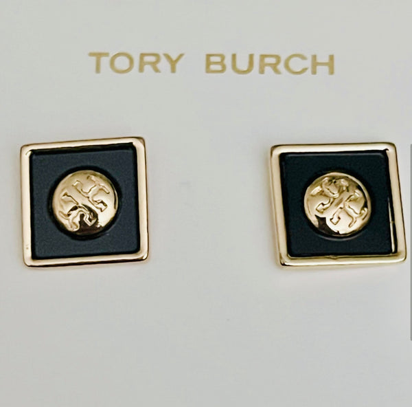 Tory Burch Gold And Black Resin Square With T Logo Stud Earrings