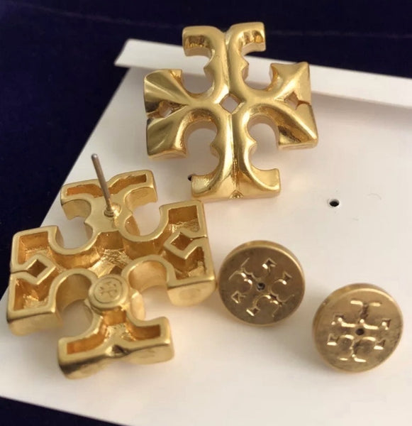 Tory Burch Double T Logo Roxanne Gold Medium Stud Earrings