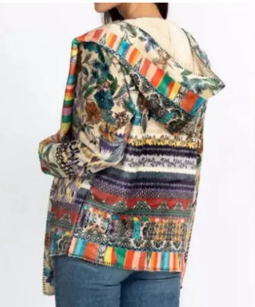 Johnny Was Betzy Sherpa Hoodie Jacket  Beige Multicolor X Large