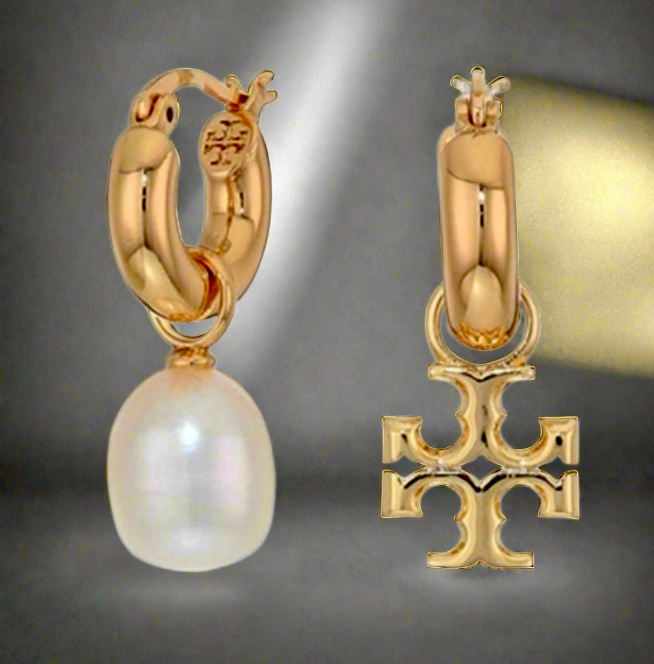 Tory Burch Logo Baroque Pearl Mismatch Drop Earrings