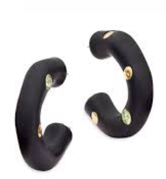 Tory Burch Roxanne Pavé & Stud Color C Hoop Earrings in 18K Gold Plated In Black And Resin Glass Crystals