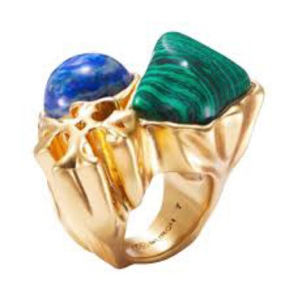 Tory Burch Roxanne Semiprecious Malachite Lapis Blue Green Statement Ring Size 7 Adjustable