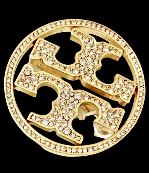 Tory Burch Gold And  Crystal Pave Double T logo Brooch Pin