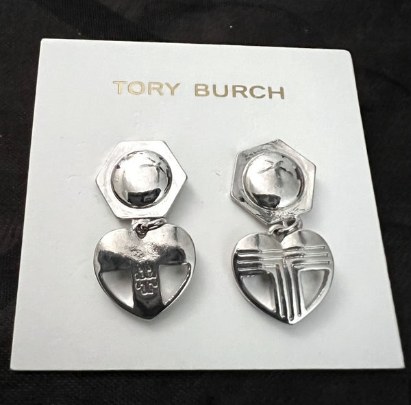 Tory Burch Silver Hexagon And Heart Logo Drop Earrings