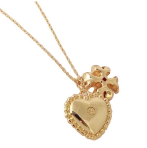 Tory Burch Roxanne Gold and Mother of Pearl Heart Logo Charm Pendant Necklace