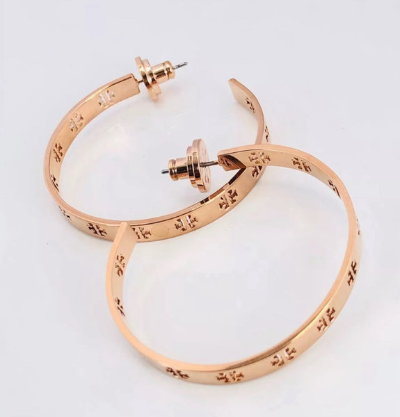 Tory Burch Rose Gold T-Pierced Logro Cut Out Hoop Pierced Earrings