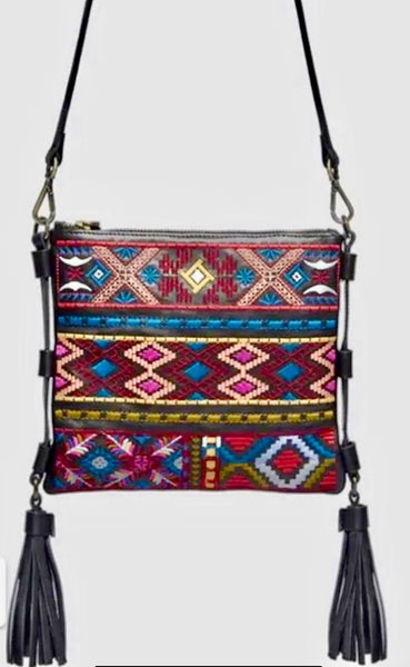 Johnny Was Zipped Black Leather Embroidery Tassel Crossbody Bag