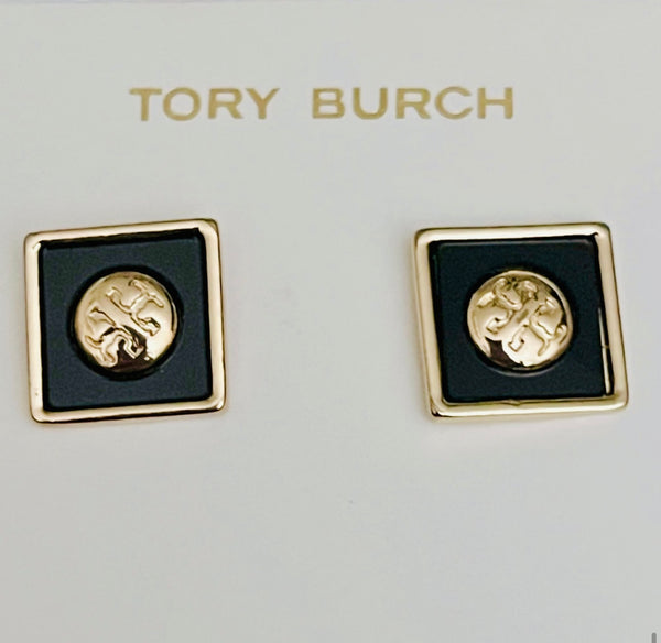 Tory Burch Gold And Black Resin Square With T Logo Stud Earrings