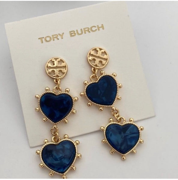 Tory Burch Logo Gold Plated Brass and Blue Lapis Stone Heart Drop Earrings