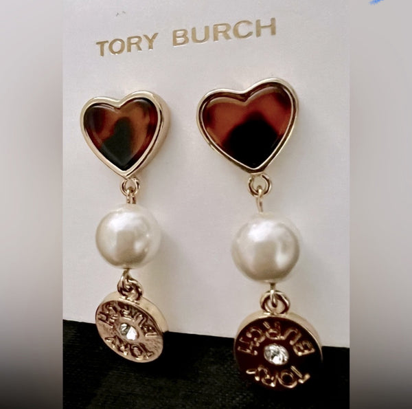 Tory Burch Logo Gold Plated Brass and Semi Precious Tortoise Heart Pearl Stone Drop Earrings