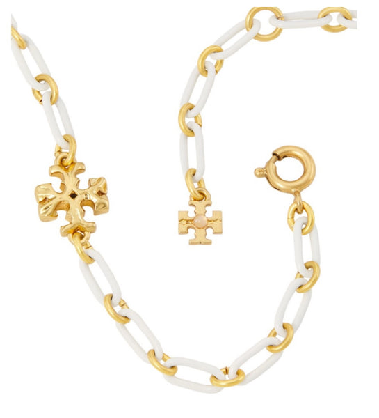 Tory Burch Roxanne 18K-Gold-Plated & Ivory Acrylic Logo Chain Bracelet