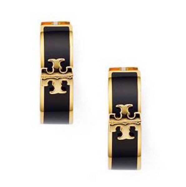 Tory Burch Kira Huggie Gold And Black Hoops Earrings