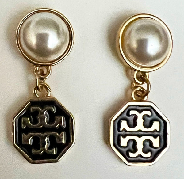 Tory Burch Authentic Hexagonal Black And Gold With T Logo Pearl Drop Earrings