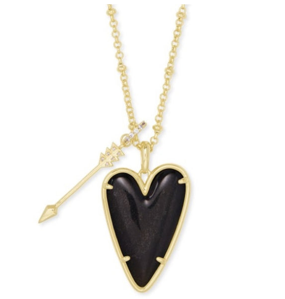 Kendra Scott Ansley Heart Gold Long Pendant Necklace In Black and Golden Obsidian