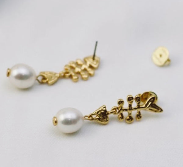 Tory Burch Golden Fish Bone with Mermaid Tails & Freshwater Pearl Earrings