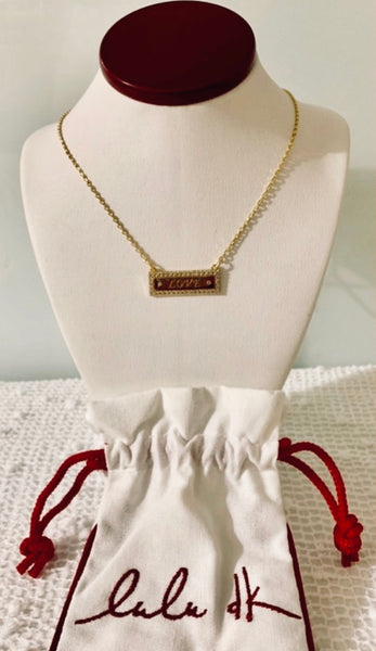 Lulu DK Gold Necklace Bar LOVE Sparkly With Cubic Zirconia Studs