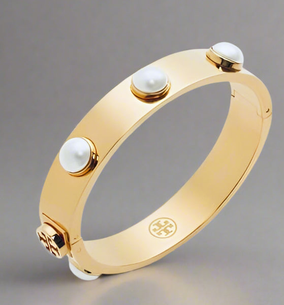 Tory Burch Metallic Pearl & Metal Logo Stud Swarovski Crystal Pearls Cuff Bracelet