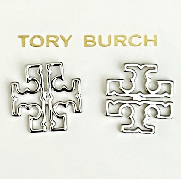 Tory Burch Britten Silver Stud Earrings In Rhodium Plated Polished Finish