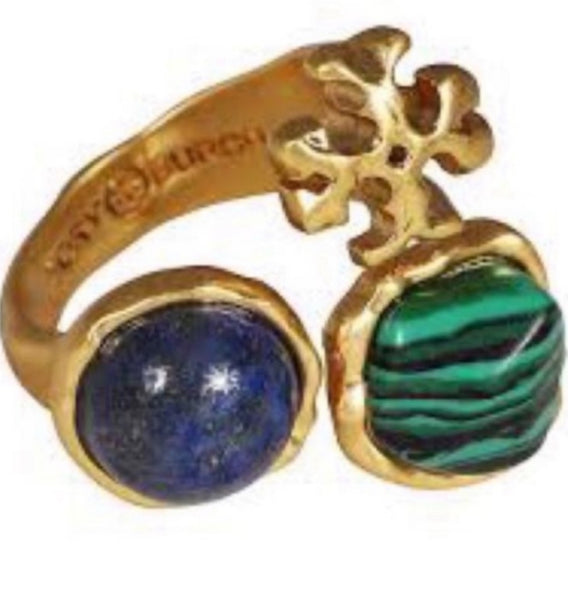 Tory Burch Roxanne Semiprecious Malachite Lapis Blue Green Statement Ring Size 7 Adjustable