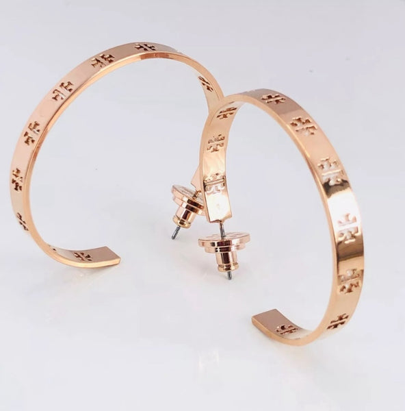 Tory Burch Rose Gold T-Pierced Logro Cut Out Hoop Pierced Earrings