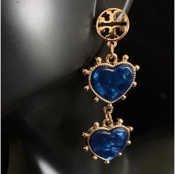 Tory Burch Logo Gold Plated Brass and Blue Lapis Stone Heart Drop Earrings