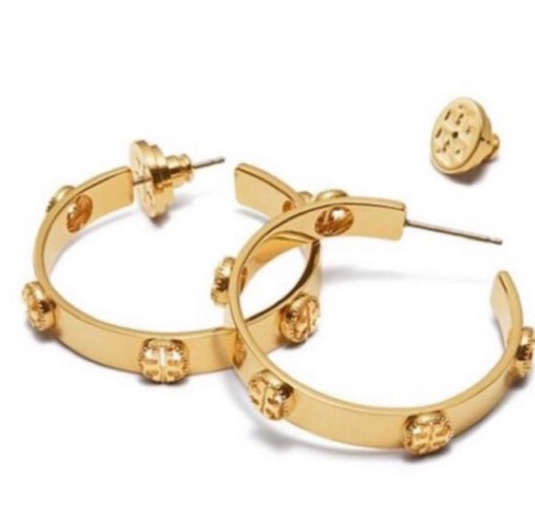 Tory Burch Milgrain Gold Logo Hoop Earrings