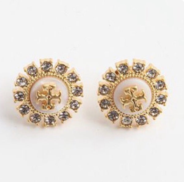 Tory Burch Kira Mother Of Pearl Gold Tone And Sparkling Crystals Logo Stud Earrings