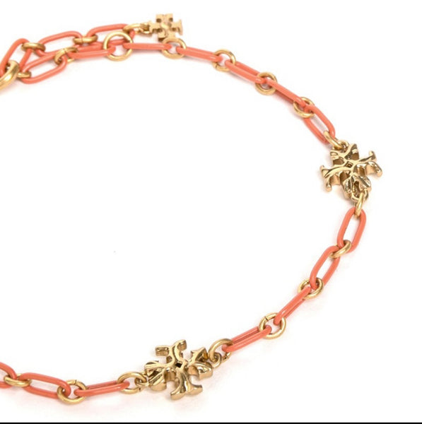 Tory Burch Roxanne 18K-Gold-Plated & Coral Acrylic Logo Chain Bracelet