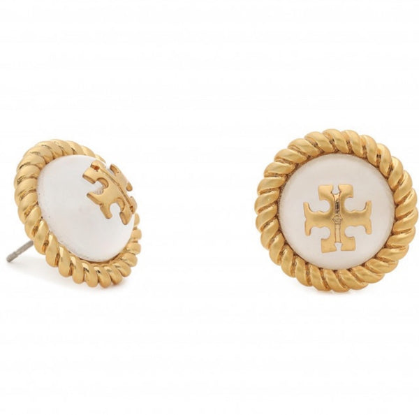 Tory Burch White Glass Cabochon Rope Gold Stud Earrings