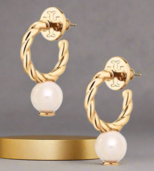 Tory Burch Baroque Pearl Rope Logo Bead Drop Earrings