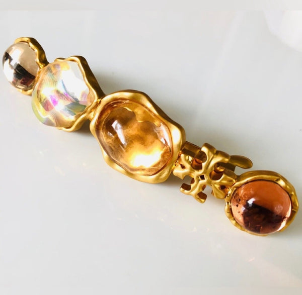 Tory Burch Roxanne Gold And Orange Stones With Tory Logo Luxury Hair Barrette