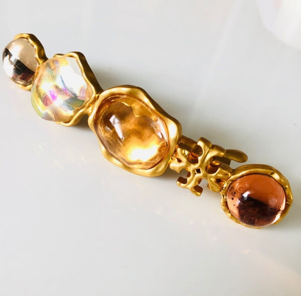 Tory Burch Roxanne Gold And Orange Stones With Tory Logo Luxury Hair Barrette