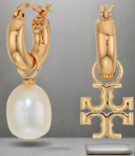 Tory Burch Logo Baroque Pearl Mismatch Drop Earrings