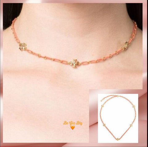 Tory Burch Roxanne Logo Chain Necklace 18K-Gold-Plated & Coral Acrylic