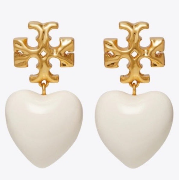 Tory Burch Roxanne Gold Tone And Resin Heart Drop Earrings In Ivory White