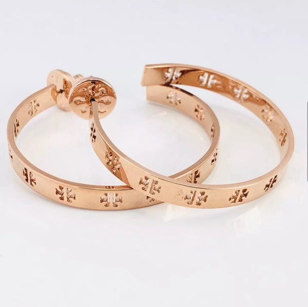 Tory Burch Rose Gold T-Pierced Logro Cut Out Hoop Pierced Earrings