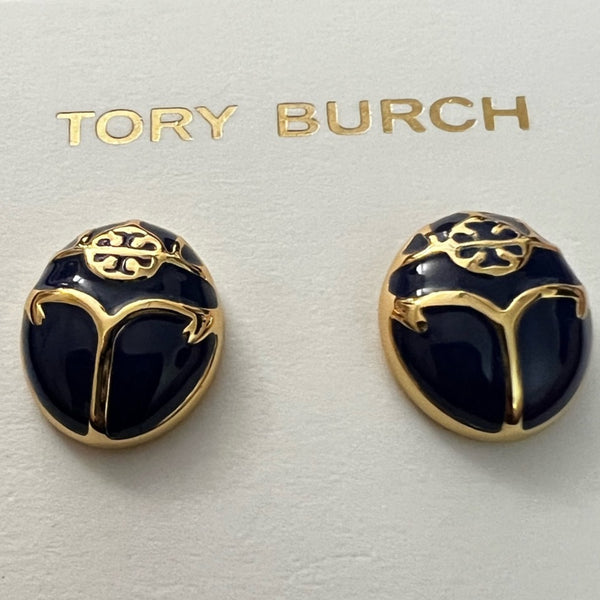 Tory Burch Small Oval Shape With T Logo Black And Gold Stud Earrings Black Gold